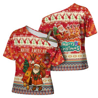 Native American Christmas Cross Shoulder Shirt with Red & Orange Geometric Pattern Santa Claus and Teepee Motif - Wonder Print Shop