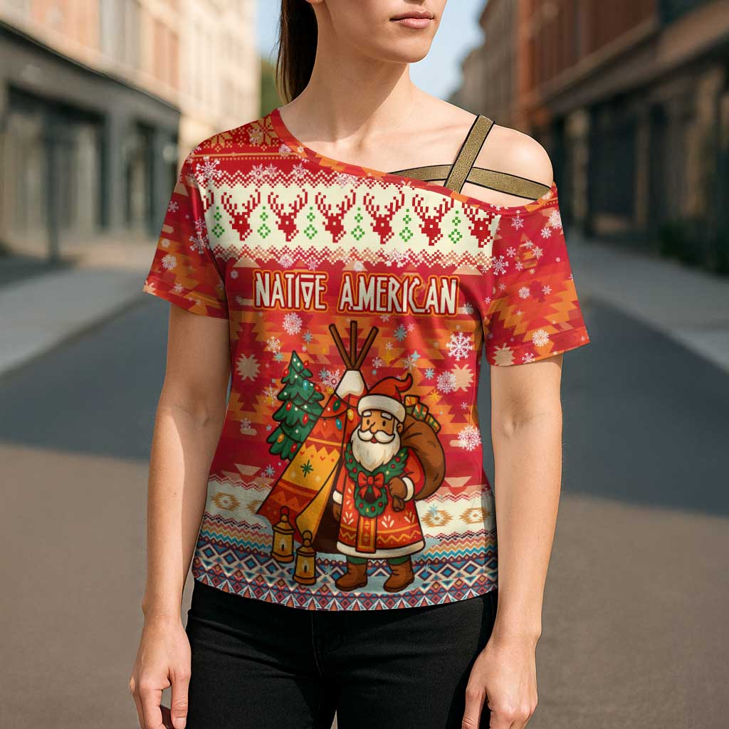 Native American Christmas Cross Shoulder Shirt with Red & Orange Geometric Pattern Santa Claus and Teepee Motif - Wonder Print Shop