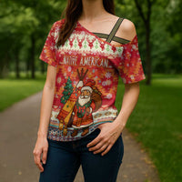 Native American Christmas Cross Shoulder Shirt with Red & Orange Geometric Pattern Santa Claus and Teepee Motif - Wonder Print Shop