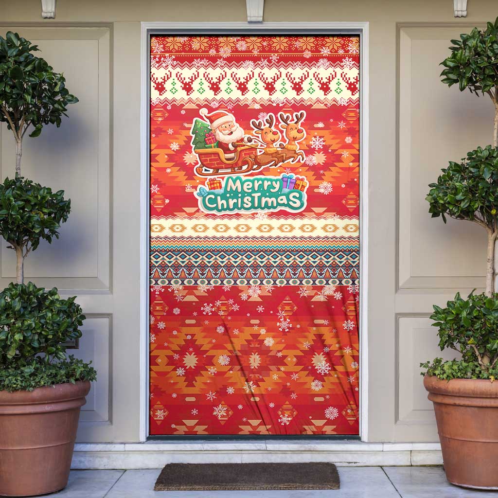 Native American Christmas Door Cover with Red & Orange Geometric Pattern Santa Claus and Teepee Motif - Wonder Print Shop