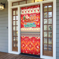 Native American Christmas Door Cover with Red & Orange Geometric Pattern Santa Claus and Teepee Motif - Wonder Print Shop