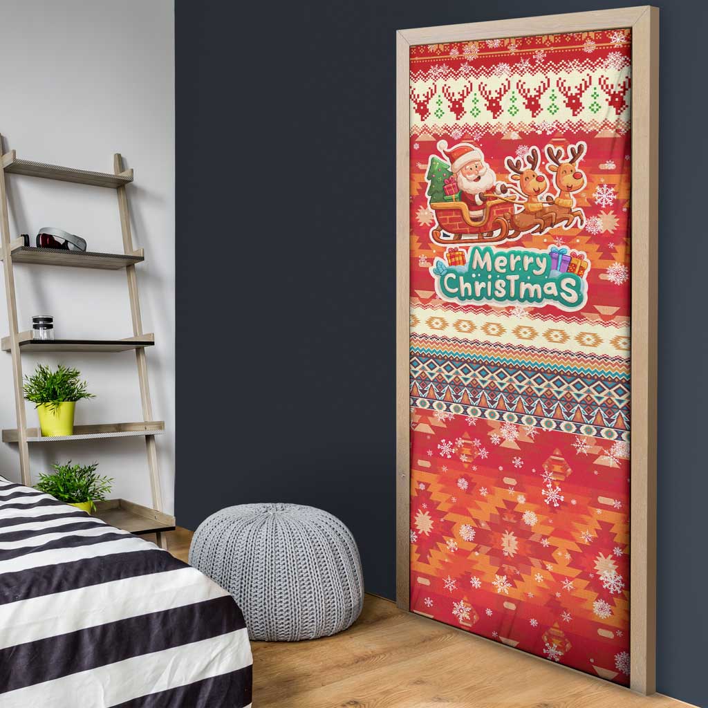 Native American Christmas Door Cover with Red & Orange Geometric Pattern Santa Claus and Teepee Motif - Wonder Print Shop