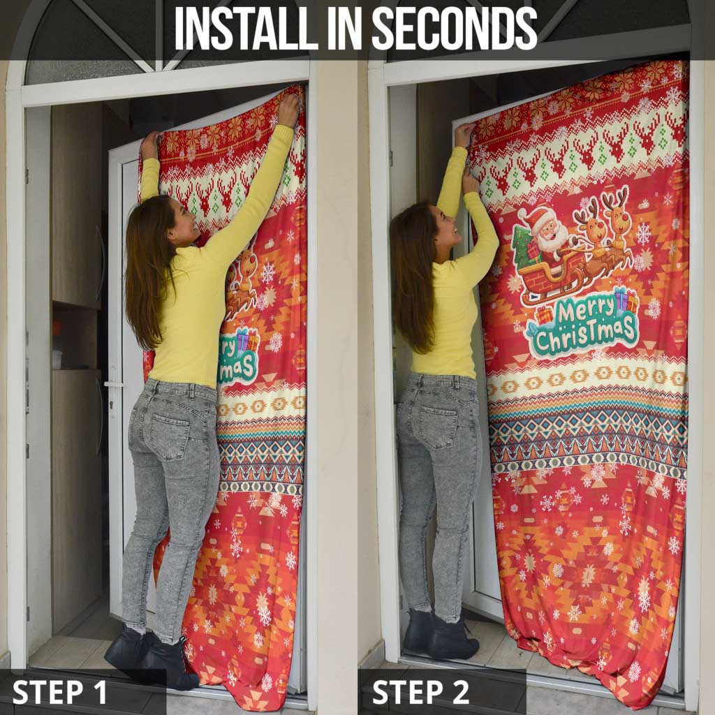 Native American Christmas Door Cover with Red & Orange Geometric Pattern Santa Claus and Teepee Motif - Wonder Print Shop