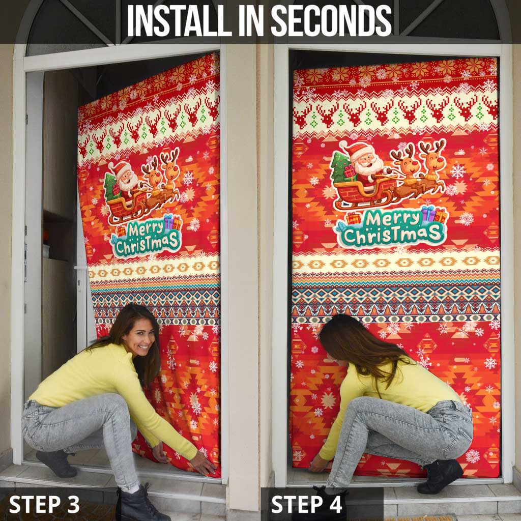 Native American Christmas Door Cover with Red & Orange Geometric Pattern Santa Claus and Teepee Motif - Wonder Print Shop