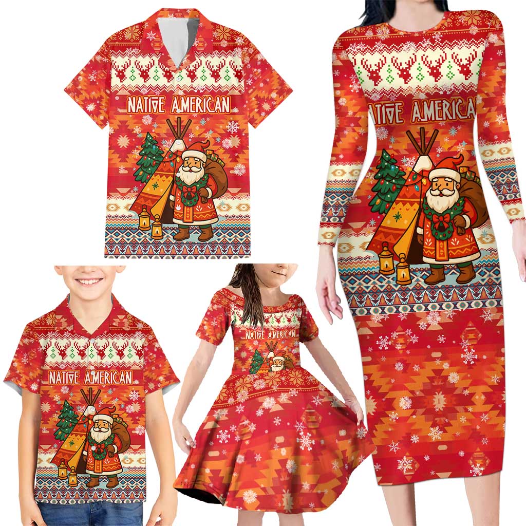 Native American Christmas Family Matching Long Sleeve Bodycon Dress and Hawaiian Shirt with Red & Orange Geometric Pattern Santa Claus and Teepee Motif - Wonder Print Shop
