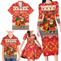 Native American Christmas Family Matching Long Sleeve Bodycon Dress and Hawaiian Shirt with Red & Orange Geometric Pattern Santa Claus and Teepee Motif - Wonder Print Shop