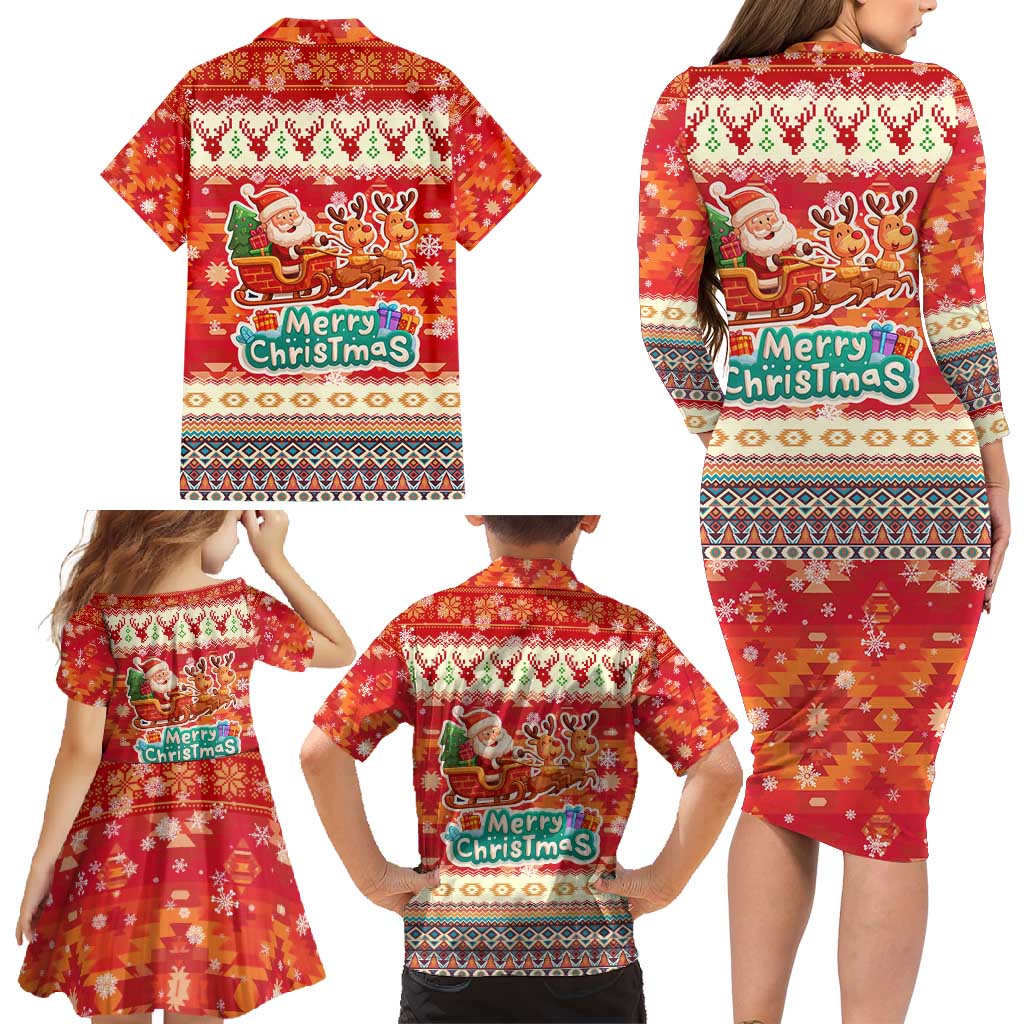 Native American Christmas Family Matching Long Sleeve Bodycon Dress and Hawaiian Shirt with Red & Orange Geometric Pattern Santa Claus and Teepee Motif - Wonder Print Shop