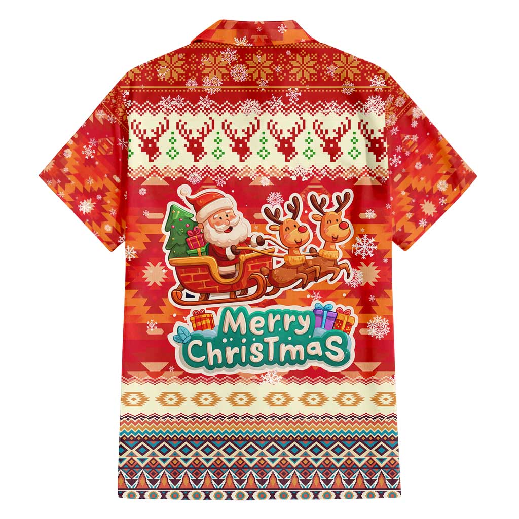 Native American Christmas Family Matching Long Sleeve Bodycon Dress and Hawaiian Shirt with Red & Orange Geometric Pattern Santa Claus and Teepee Motif - Wonder Print Shop