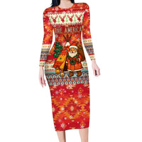 Native American Christmas Family Matching Long Sleeve Bodycon Dress and Hawaiian Shirt with Red & Orange Geometric Pattern Santa Claus and Teepee Motif - Wonder Print Shop