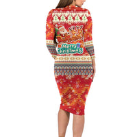 Native American Christmas Family Matching Long Sleeve Bodycon Dress and Hawaiian Shirt with Red & Orange Geometric Pattern Santa Claus and Teepee Motif - Wonder Print Shop