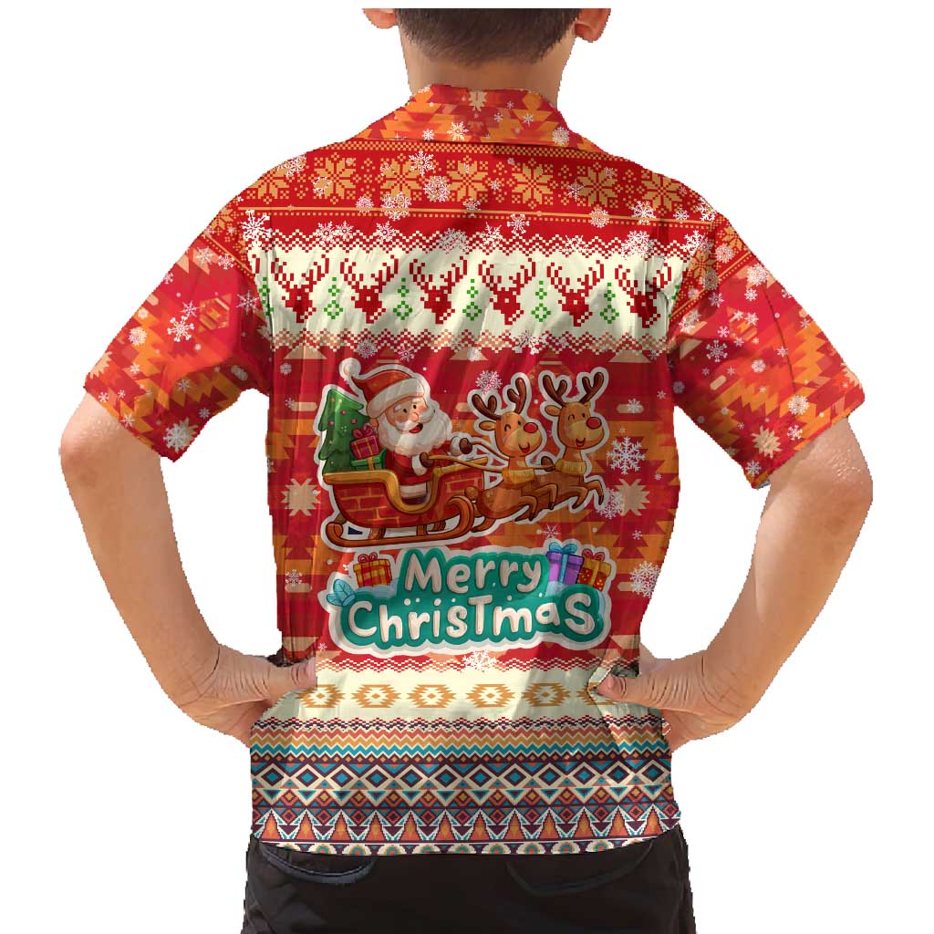 Native American Christmas Family Matching Mermaid Dress and Hawaiian Shirt with Red & Orange Geometric Pattern Santa Claus and Teepee Motif - Wonder Print Shop