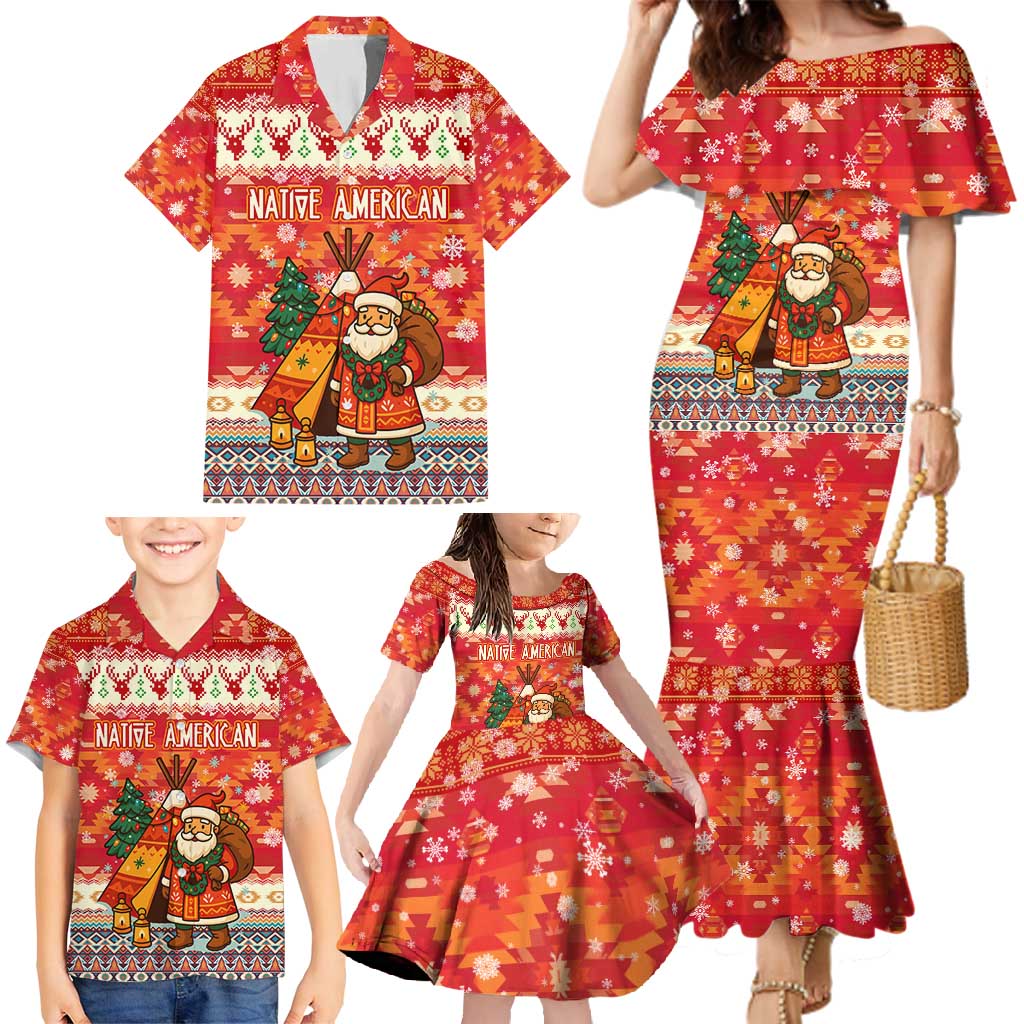 Native American Christmas Family Matching Mermaid Dress and Hawaiian Shirt with Red & Orange Geometric Pattern Santa Claus and Teepee Motif - Wonder Print Shop