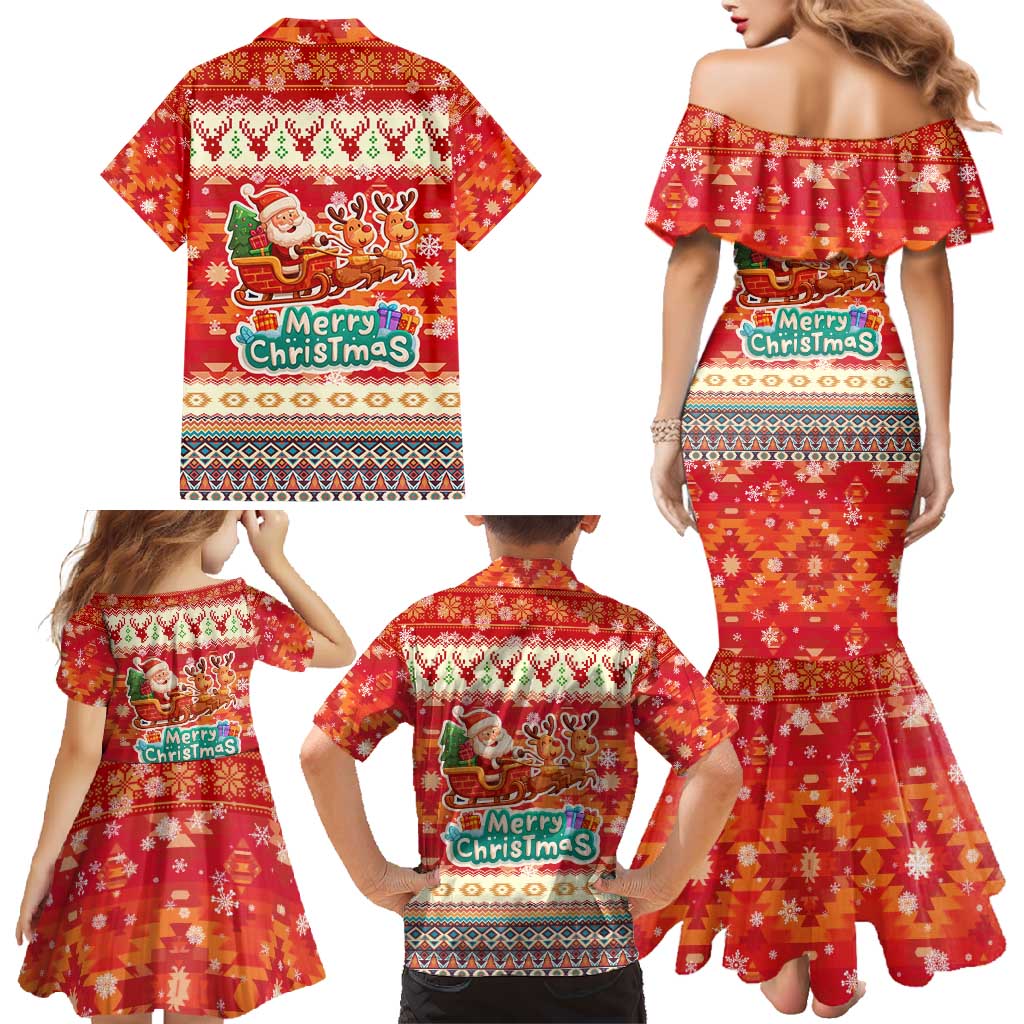 Native American Christmas Family Matching Mermaid Dress and Hawaiian Shirt with Red & Orange Geometric Pattern Santa Claus and Teepee Motif - Wonder Print Shop