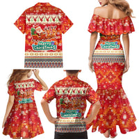 Native American Christmas Family Matching Mermaid Dress and Hawaiian Shirt with Red & Orange Geometric Pattern Santa Claus and Teepee Motif - Wonder Print Shop