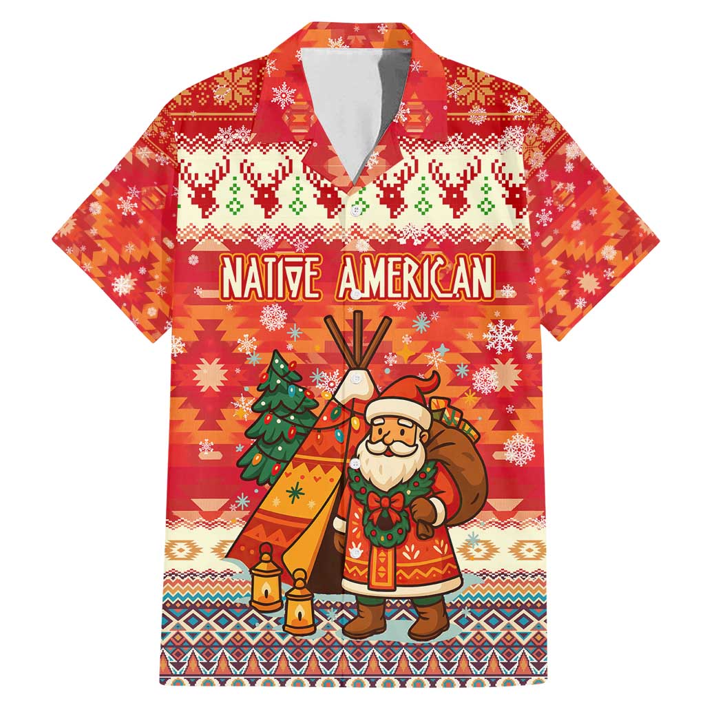 Native American Christmas Family Matching Mermaid Dress and Hawaiian Shirt with Red & Orange Geometric Pattern Santa Claus and Teepee Motif - Wonder Print Shop