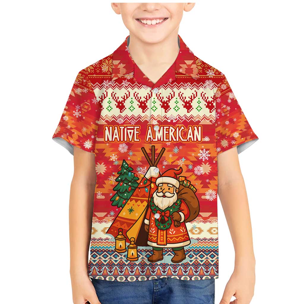 Native American Christmas Family Matching Mermaid Dress and Hawaiian Shirt with Red & Orange Geometric Pattern Santa Claus and Teepee Motif - Wonder Print Shop