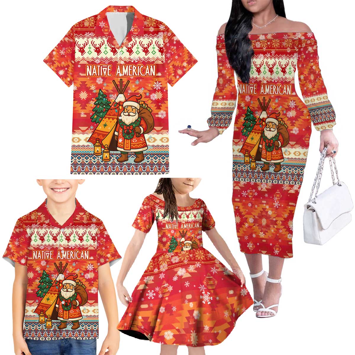 Native American Christmas Family Matching Off The Shoulder Long Sleeve Dress and Hawaiian Shirt with Red & Orange Geometric Pattern Santa Claus and Teepee Motif - Wonder Print Shop