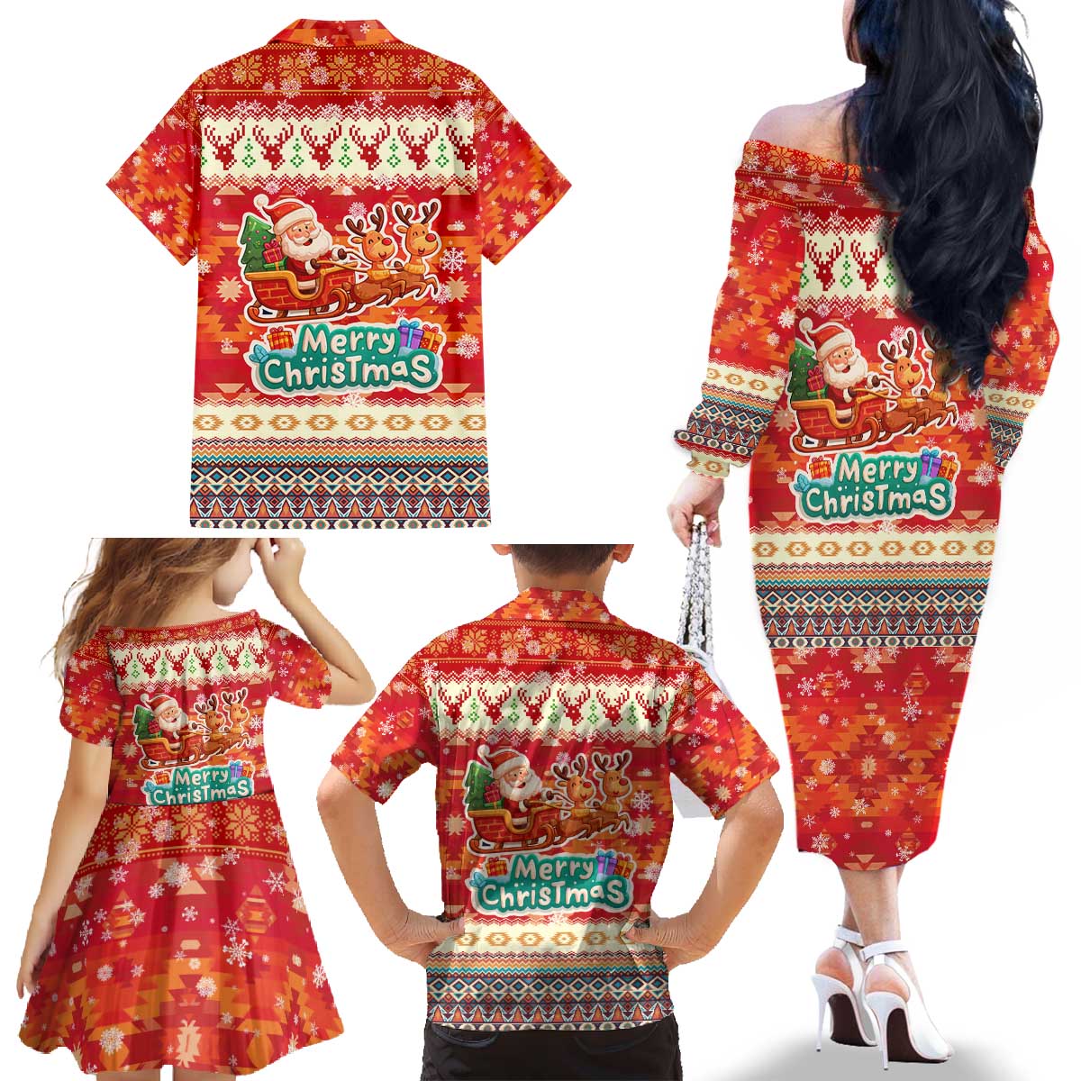 Native American Christmas Family Matching Off The Shoulder Long Sleeve Dress and Hawaiian Shirt with Red & Orange Geometric Pattern Santa Claus and Teepee Motif - Wonder Print Shop