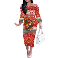 Native American Christmas Family Matching Off The Shoulder Long Sleeve Dress and Hawaiian Shirt with Red & Orange Geometric Pattern Santa Claus and Teepee Motif - Wonder Print Shop