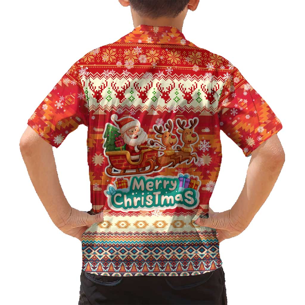 Native American Christmas Family Matching Off Shoulder Maxi Dress and Hawaiian Shirt with Red & Orange Geometric Pattern Santa Claus and Teepee Motif - Wonder Print Shop