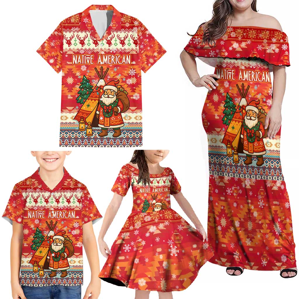 Native American Christmas Family Matching Off Shoulder Maxi Dress and Hawaiian Shirt with Red & Orange Geometric Pattern Santa Claus and Teepee Motif - Wonder Print Shop