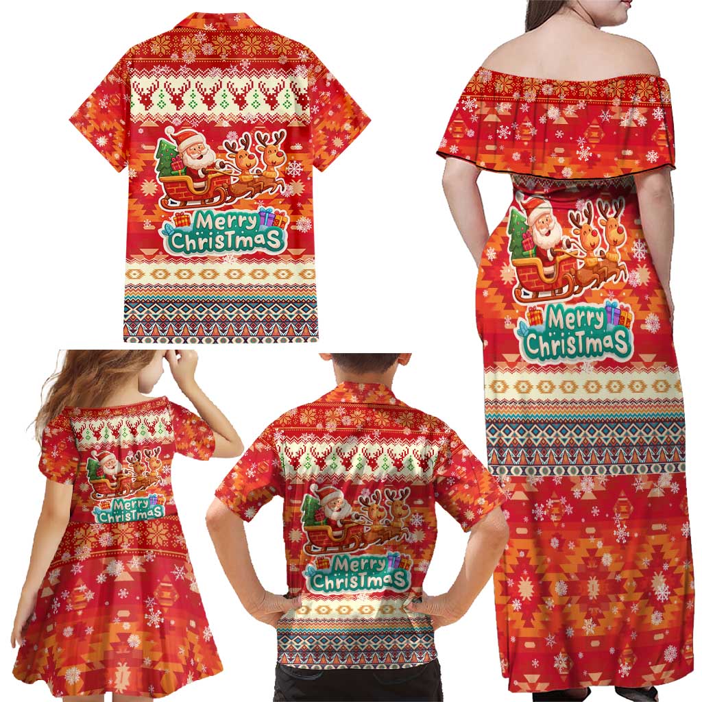 Native American Christmas Family Matching Off Shoulder Maxi Dress and Hawaiian Shirt with Red & Orange Geometric Pattern Santa Claus and Teepee Motif - Wonder Print Shop