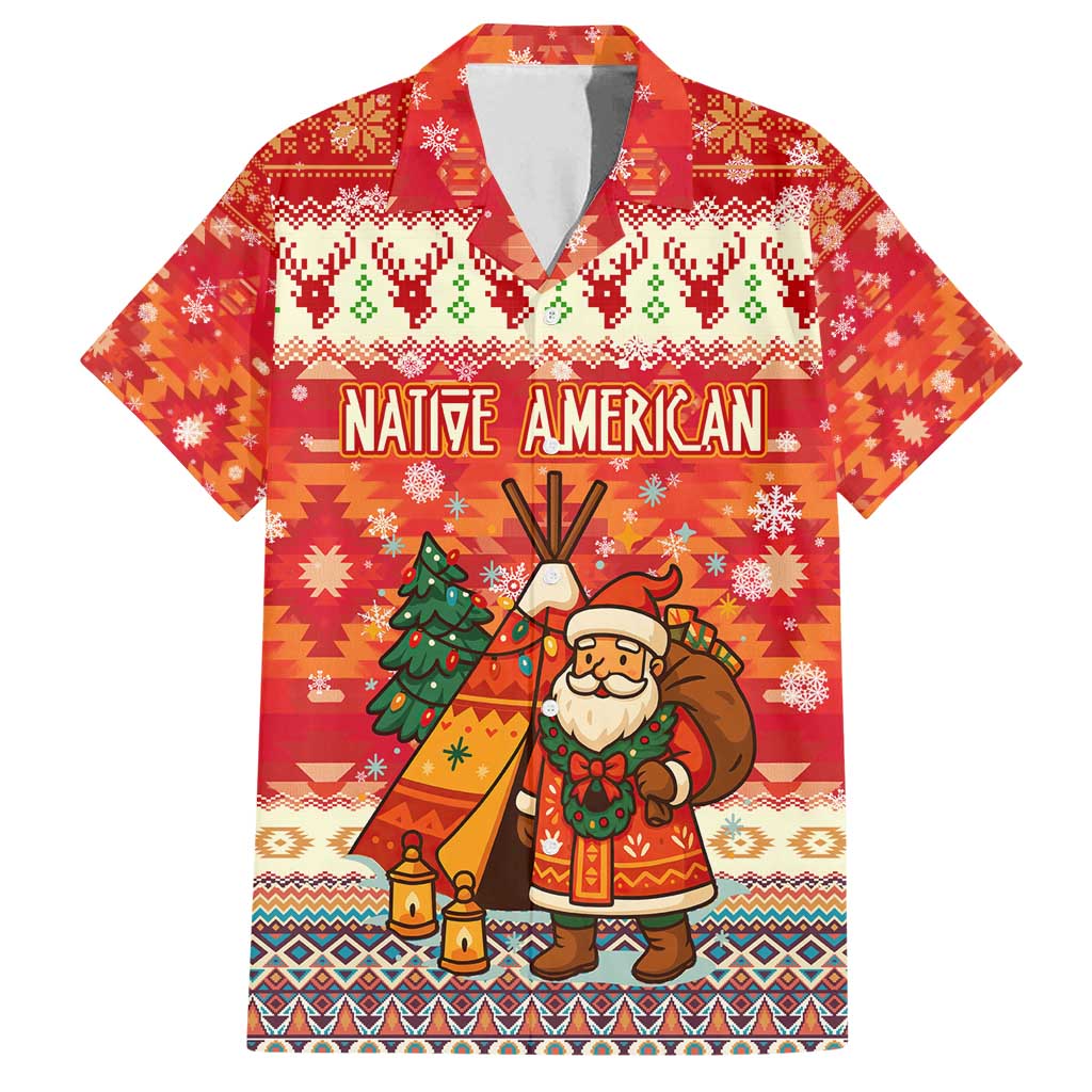 Native American Christmas Family Matching Off Shoulder Maxi Dress and Hawaiian Shirt with Red & Orange Geometric Pattern Santa Claus and Teepee Motif - Wonder Print Shop