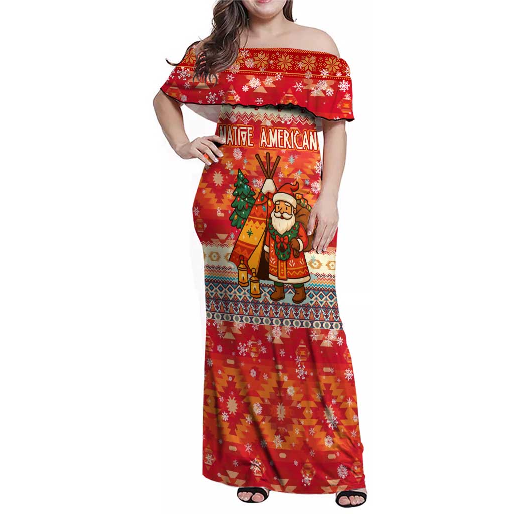 Native American Christmas Family Matching Off Shoulder Maxi Dress and Hawaiian Shirt with Red & Orange Geometric Pattern Santa Claus and Teepee Motif - Wonder Print Shop