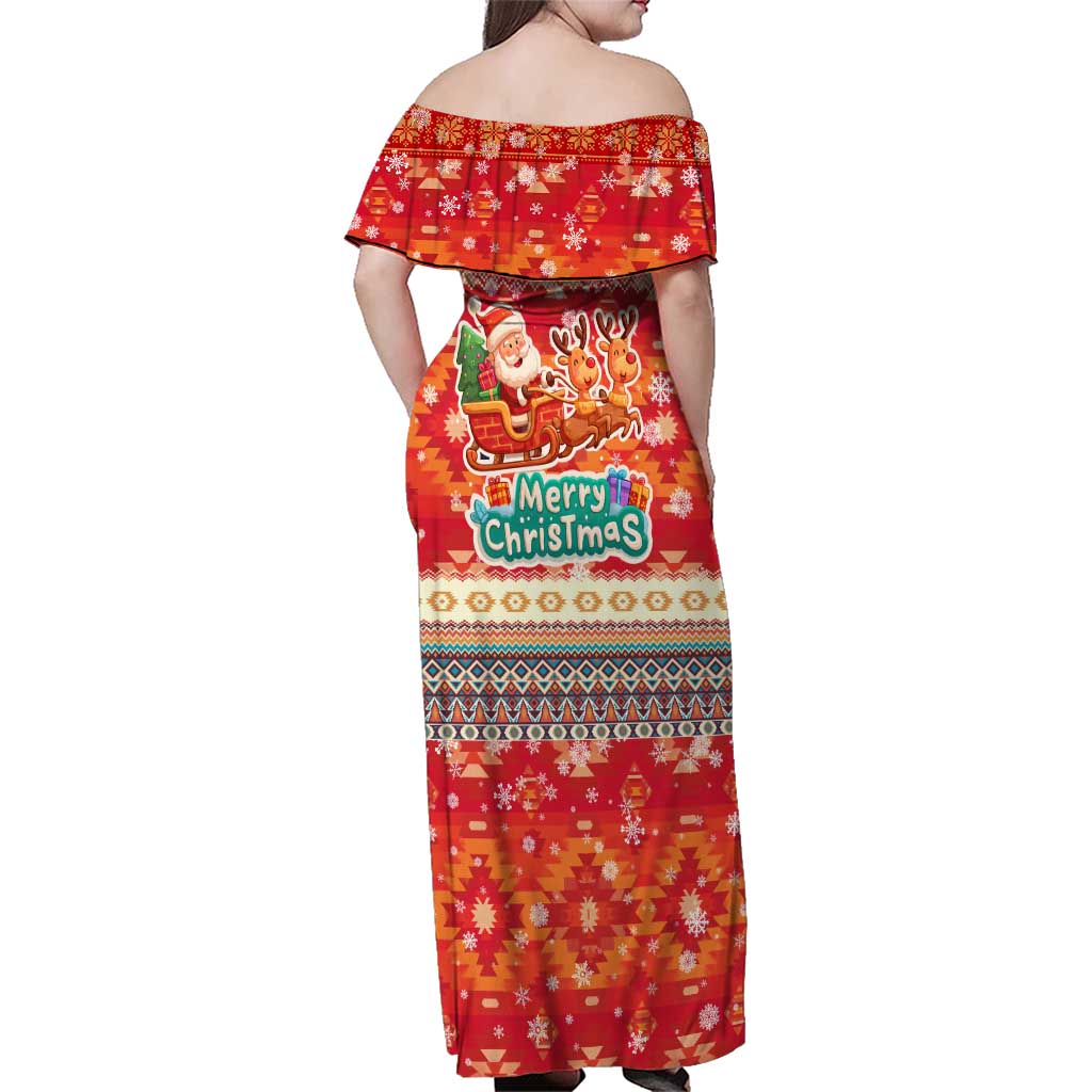 Native American Christmas Family Matching Off Shoulder Maxi Dress and Hawaiian Shirt with Red & Orange Geometric Pattern Santa Claus and Teepee Motif - Wonder Print Shop