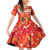 Native American Christmas Family Matching Off Shoulder Short Dress and Hawaiian Shirt with Red & Orange Geometric Pattern Santa Claus and Teepee Motif - Wonder Print Shop