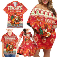 Native American Christmas Family Matching Off Shoulder Short Dress and Hawaiian Shirt with Red & Orange Geometric Pattern Santa Claus and Teepee Motif - Wonder Print Shop