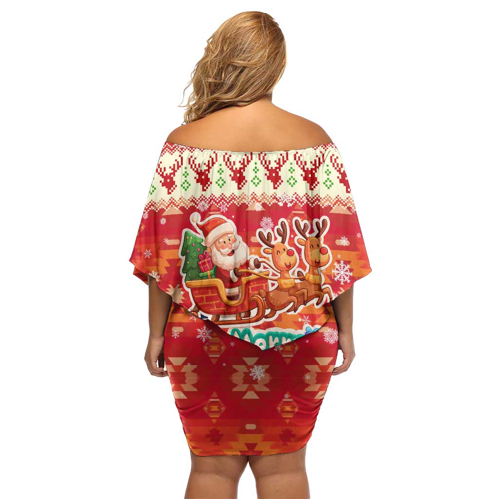 Native American Christmas Family Matching Off Shoulder Short Dress and Hawaiian Shirt with Red & Orange Geometric Pattern Santa Claus and Teepee Motif - Wonder Print Shop