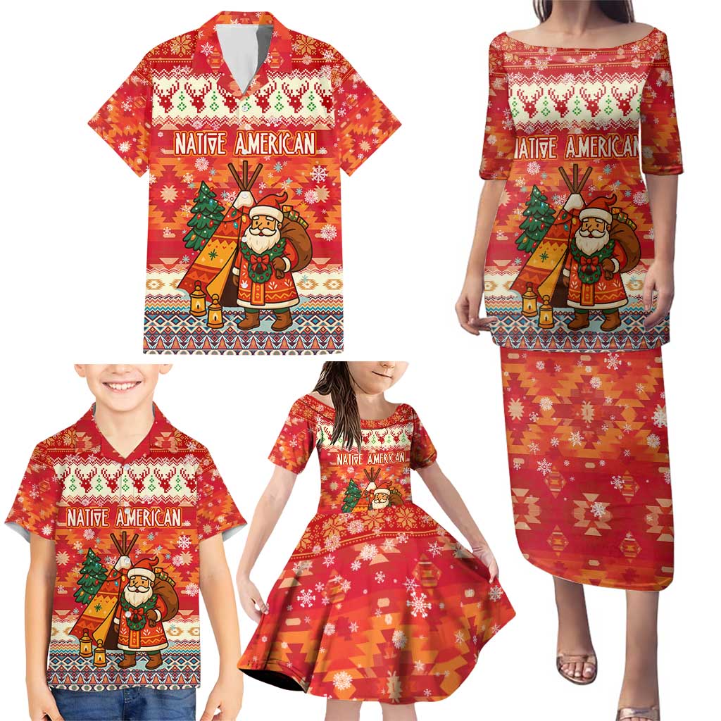Native American Christmas Family Matching Puletasi and Hawaiian Shirt with Red & Orange Geometric Pattern Santa Claus and Teepee Motif - Wonder Print Shop