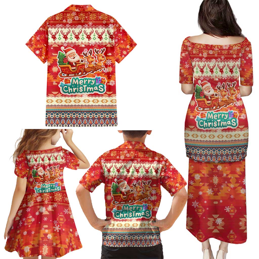 Native American Christmas Family Matching Puletasi and Hawaiian Shirt with Red & Orange Geometric Pattern Santa Claus and Teepee Motif - Wonder Print Shop