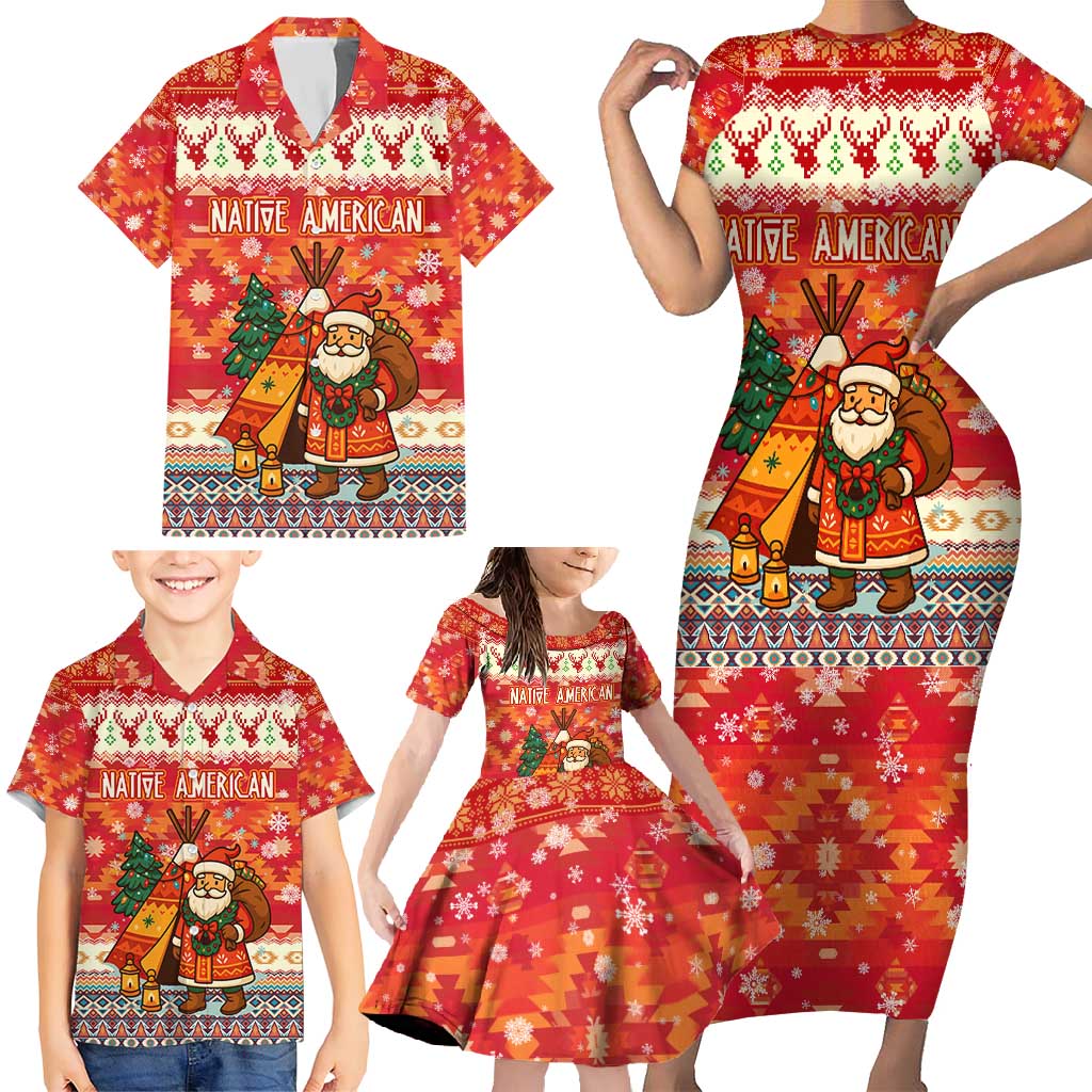 Native American Christmas Family Matching Short Sleeve Bodycon Dress and Hawaiian Shirt with Red & Orange Geometric Pattern Santa Claus and Teepee Motif - Wonder Print Shop