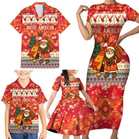 Native American Christmas Family Matching Short Sleeve Bodycon Dress and Hawaiian Shirt with Red & Orange Geometric Pattern Santa Claus and Teepee Motif - Wonder Print Shop