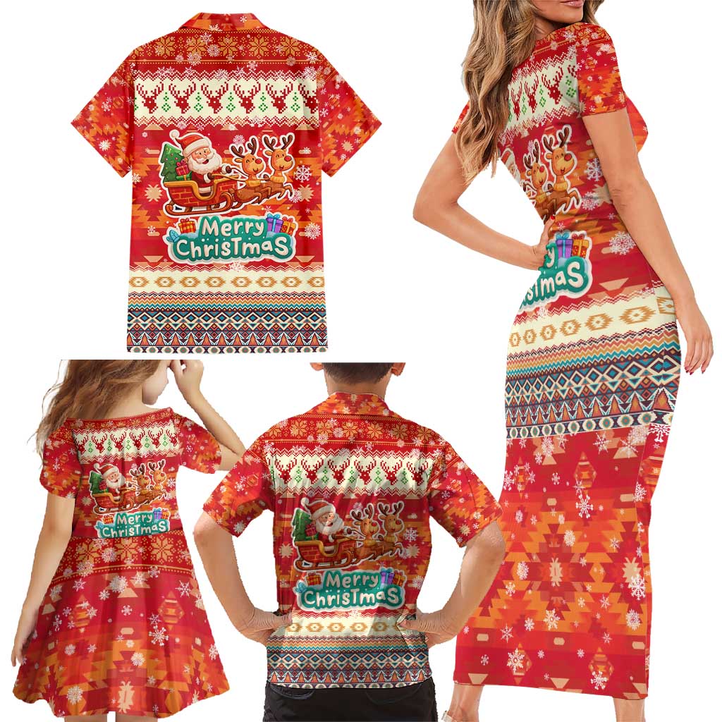 Native American Christmas Family Matching Short Sleeve Bodycon Dress and Hawaiian Shirt with Red & Orange Geometric Pattern Santa Claus and Teepee Motif - Wonder Print Shop