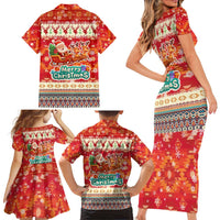 Native American Christmas Family Matching Short Sleeve Bodycon Dress and Hawaiian Shirt with Red & Orange Geometric Pattern Santa Claus and Teepee Motif - Wonder Print Shop