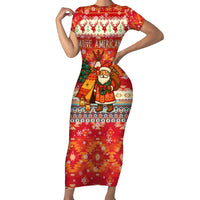 Native American Christmas Family Matching Short Sleeve Bodycon Dress and Hawaiian Shirt with Red & Orange Geometric Pattern Santa Claus and Teepee Motif - Wonder Print Shop