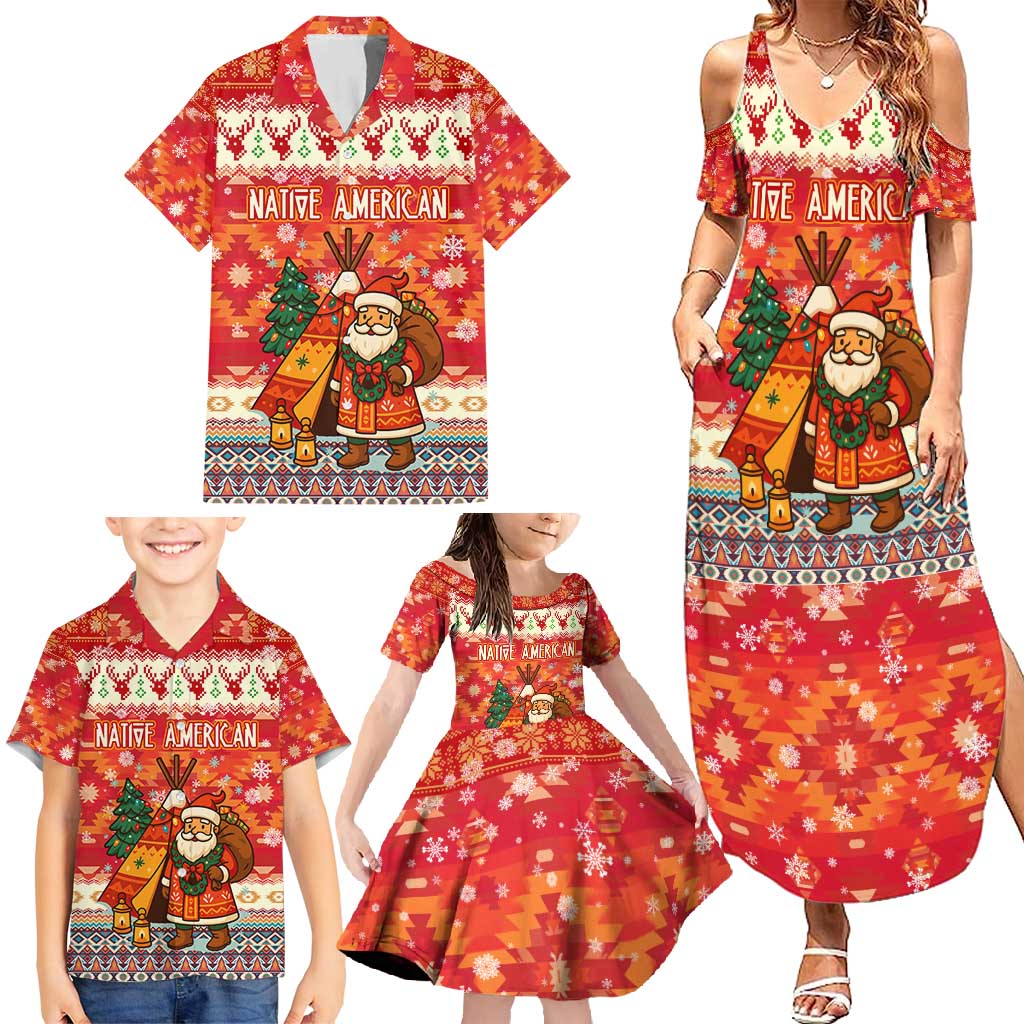 Native American Christmas Family Matching Summer Maxi Dress and Hawaiian Shirt with Red & Orange Geometric Pattern Santa Claus and Teepee Motif - Wonder Print Shop