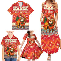 Native American Christmas Family Matching Summer Maxi Dress and Hawaiian Shirt with Red & Orange Geometric Pattern Santa Claus and Teepee Motif - Wonder Print Shop