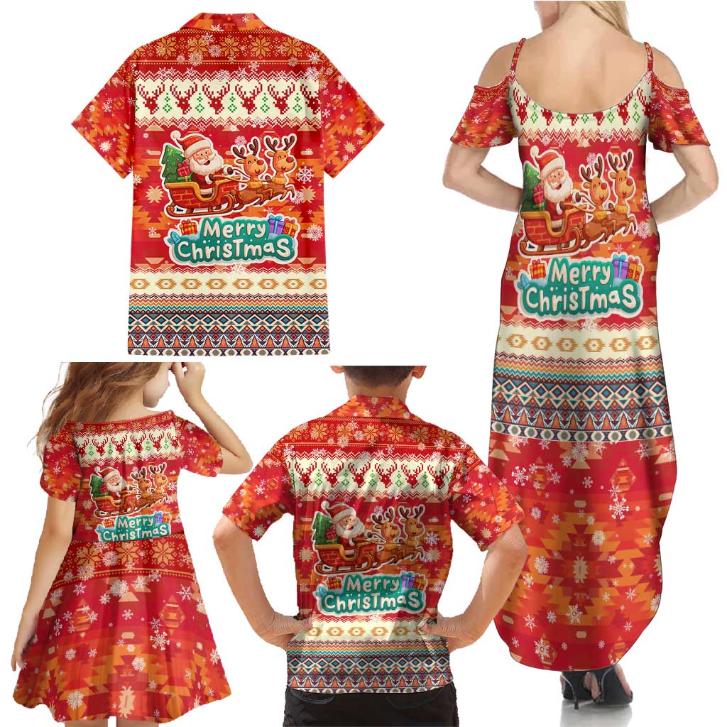 Native American Christmas Family Matching Summer Maxi Dress and Hawaiian Shirt with Red & Orange Geometric Pattern Santa Claus and Teepee Motif - Wonder Print Shop