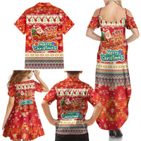 Native American Christmas Family Matching Summer Maxi Dress and Hawaiian Shirt with Red & Orange Geometric Pattern Santa Claus and Teepee Motif - Wonder Print Shop