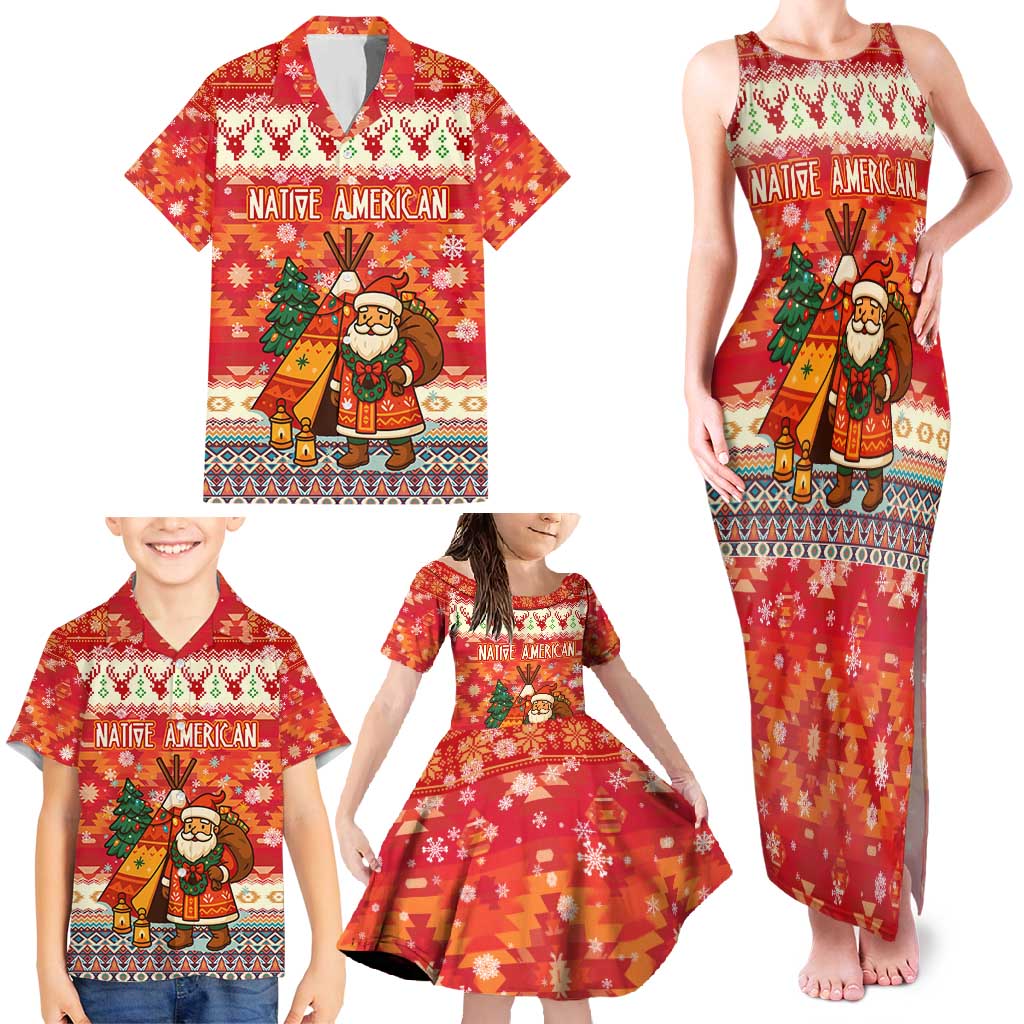 Native American Christmas Family Matching Tank Maxi Dress and Hawaiian Shirt with Red & Orange Geometric Pattern Santa Claus and Teepee Motif - Wonder Print Shop