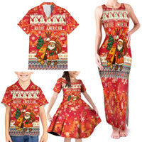 Native American Christmas Family Matching Tank Maxi Dress and Hawaiian Shirt with Red & Orange Geometric Pattern Santa Claus and Teepee Motif - Wonder Print Shop