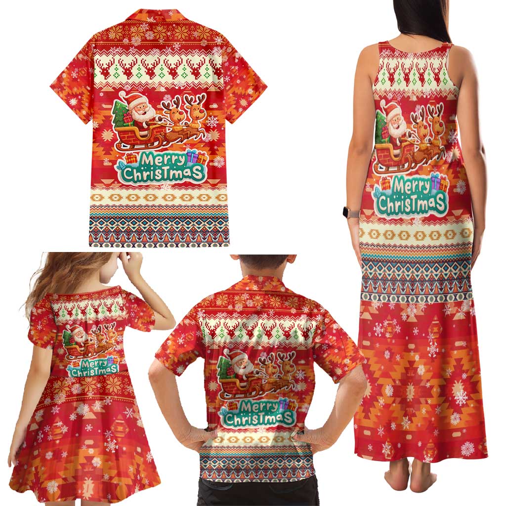 Native American Christmas Family Matching Tank Maxi Dress and Hawaiian Shirt with Red & Orange Geometric Pattern Santa Claus and Teepee Motif - Wonder Print Shop