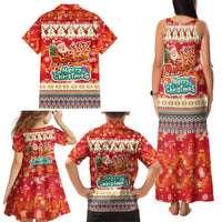 Native American Christmas Family Matching Tank Maxi Dress and Hawaiian Shirt with Red & Orange Geometric Pattern Santa Claus and Teepee Motif - Wonder Print Shop