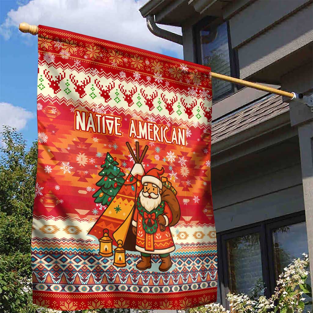 Native American Christmas Garden Flag with Red & Orange Geometric Pattern Santa Claus and Teepee Motif - Wonder Print Shop