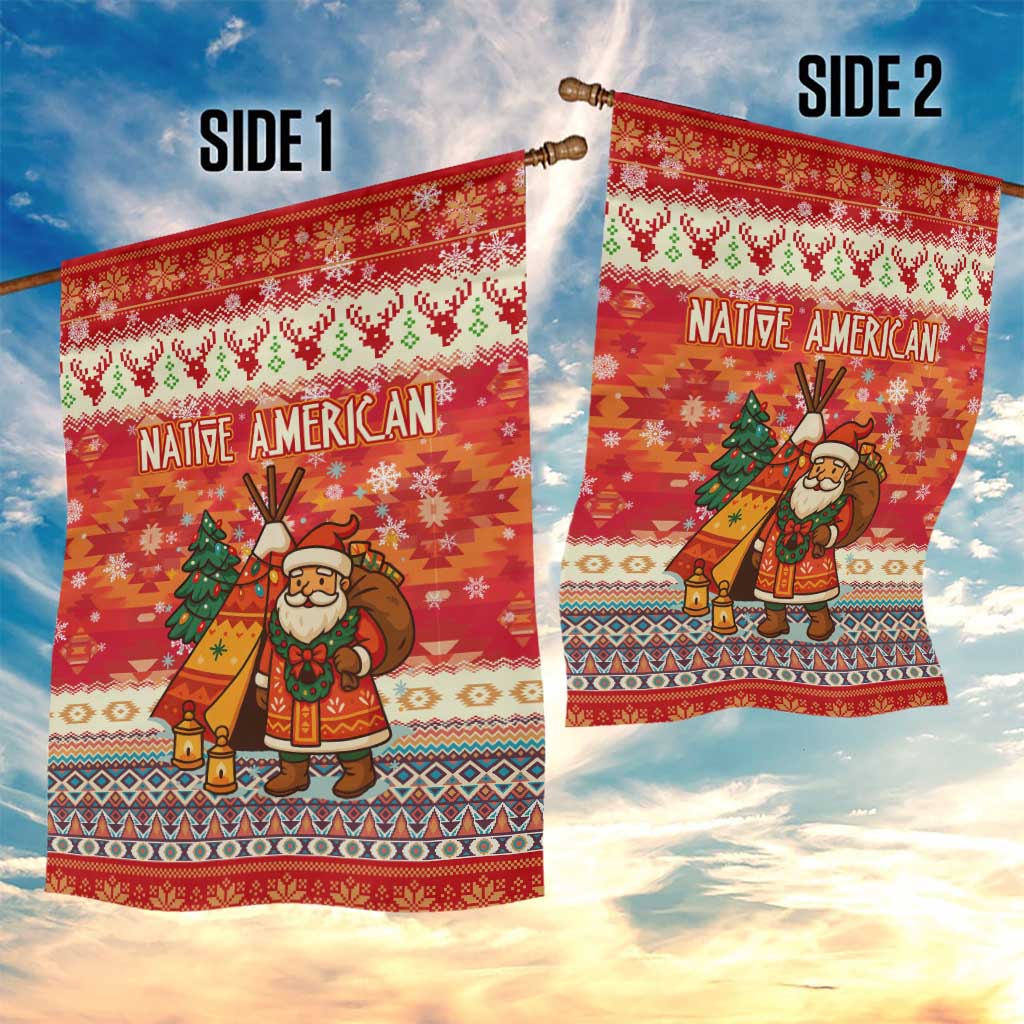 Native American Christmas Garden Flag with Red & Orange Geometric Pattern Santa Claus and Teepee Motif - Wonder Print Shop