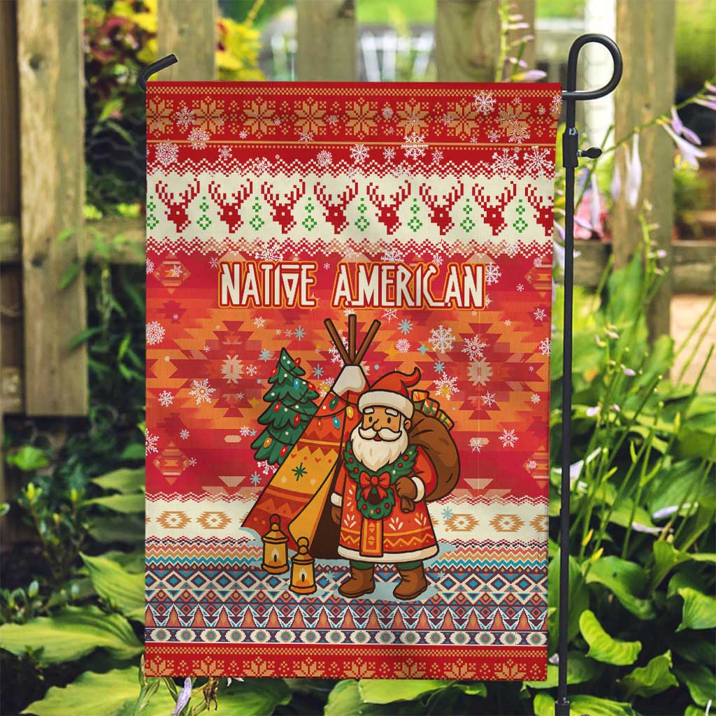 Native American Christmas Garden Flag with Red & Orange Geometric Pattern Santa Claus and Teepee Motif - Wonder Print Shop
